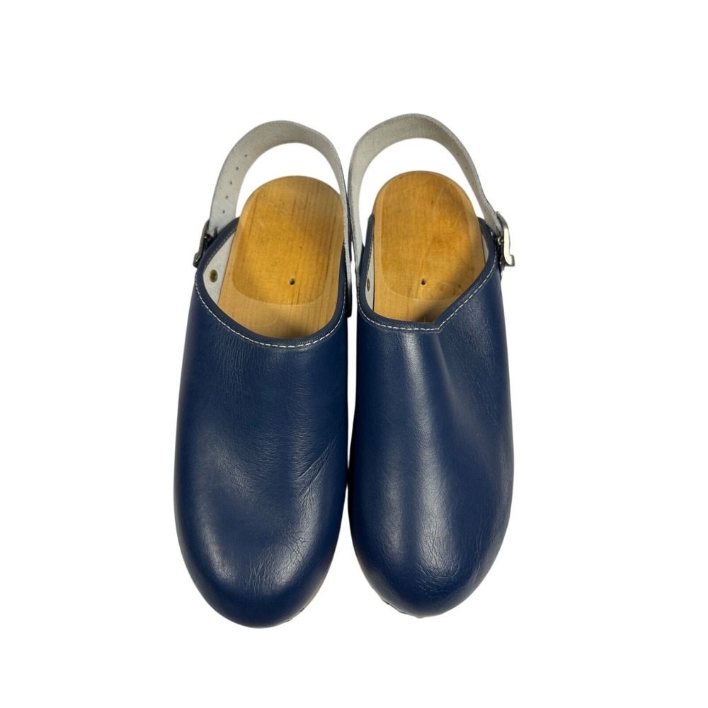 Swedish Clogs Navy Blue Leather Wood Sole Shoes Size 39